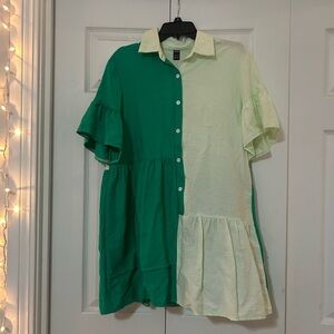 Green and Cream Button-Up Dress
